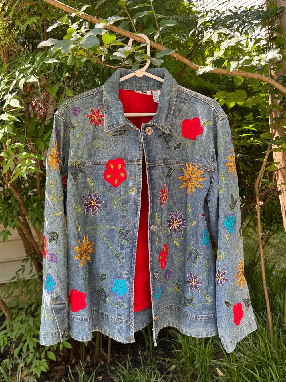 Vintage Chico's Embroidered Floral Denim Jacket with Red Lining